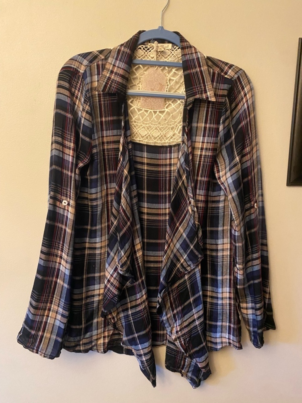 Hem & Thread Crochet Plaid Button-Down Shirt Jacket in Navy, Cream and Tan 🆕